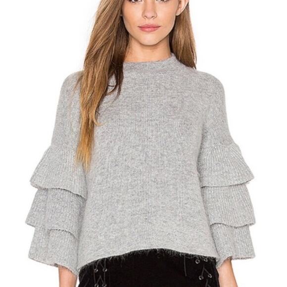 Endless Rose Gray Fuzzy Tiered Bell Sleeve Acrylic Mohair Semi Crop Sweater XS - Picture 1 of 6